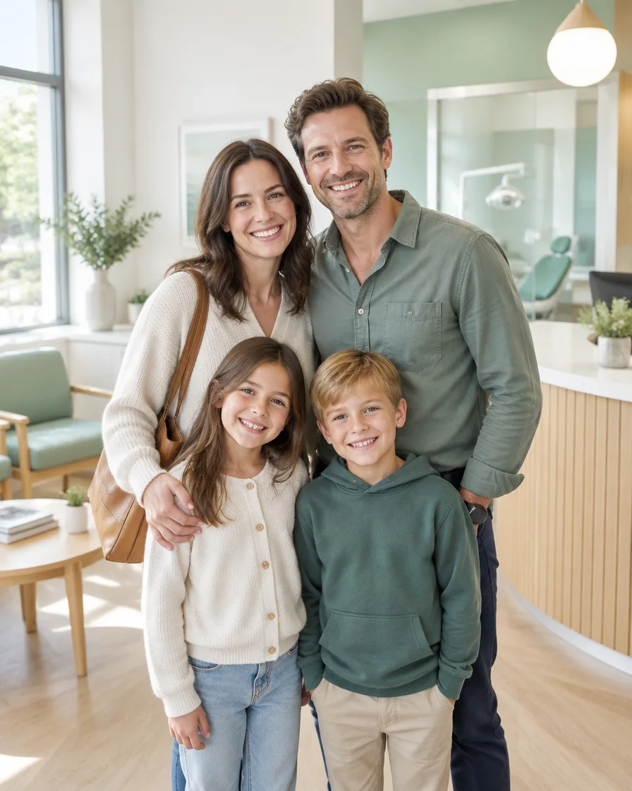 Eine Familie in einer hellen Zahnarztpraxis